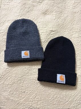 Set of 2 Youth Carhartt Knit Cuffed Beanies - Dark Gray & Black w/ Orange Logo